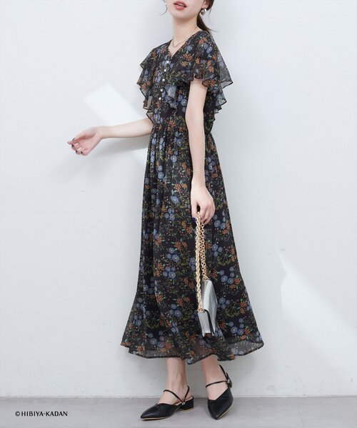 【日比谷花壇コラボ】フリル袖ハートネックワンピース natural couture｜【日比谷花壇コラボ】フリル袖ハートネック