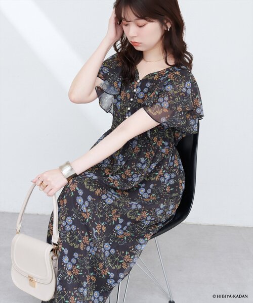 【日比谷花壇コラボ】フリル袖ハートネックワンピース natural couture｜【日比谷花壇コラボ】フリル袖ハートネック
