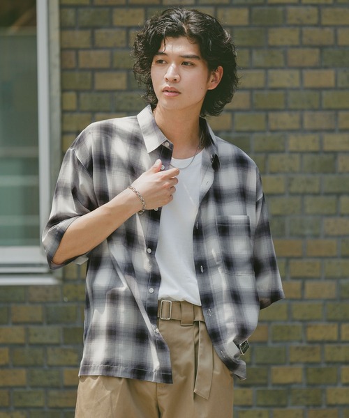 【sillage】シアージ ラグラン プルオーバー 半袖シャツ F チェック sillage】シアージ ラグラン プルオーバー 半袖シャツ F チェック
