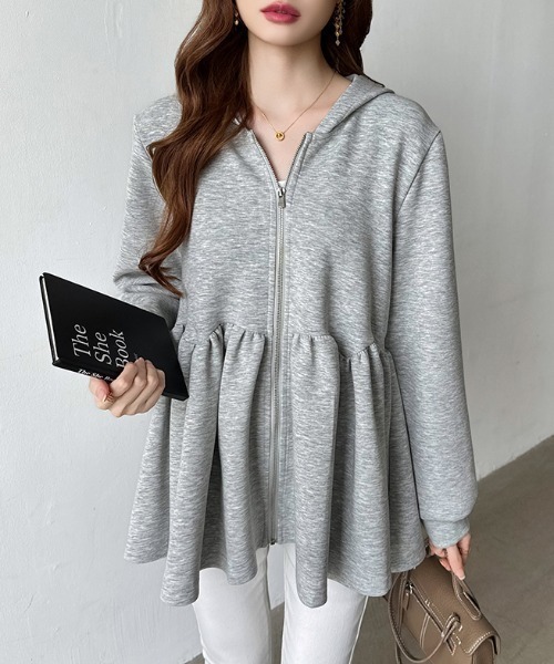 OHGA グレー 長袖 ぺプラムトップス COCOMOMO パーカー ペプラムパーカー ジップ パーカー フード付き