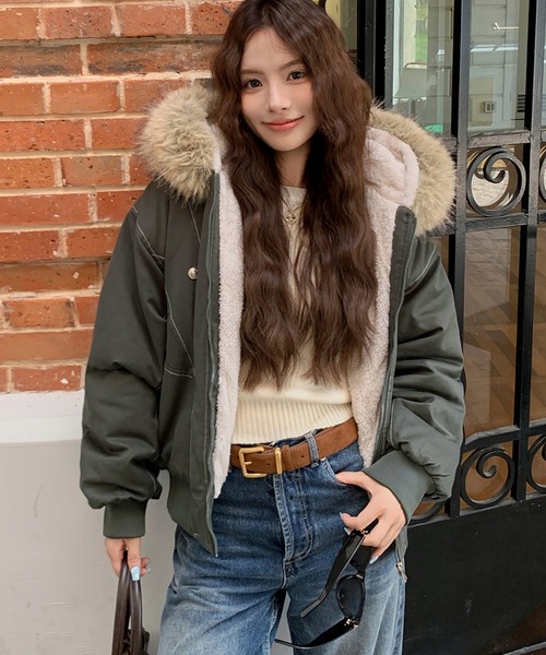 ブルゾン アウター 裏ボアフード付きジップアップブルゾン レディース