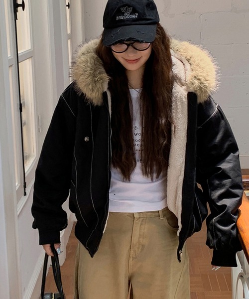 ブルゾン アウター 裏ボアフード付きジップアップブルゾン レディース