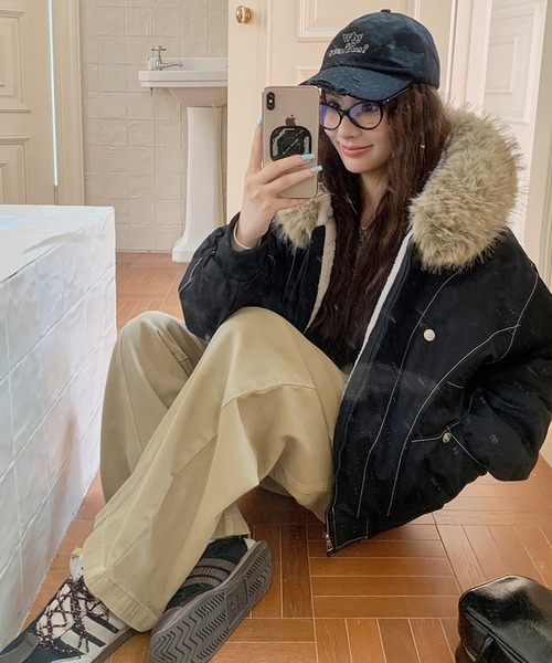 ブルゾン アウター 裏ボアフード付きジップアップブルゾン レディース