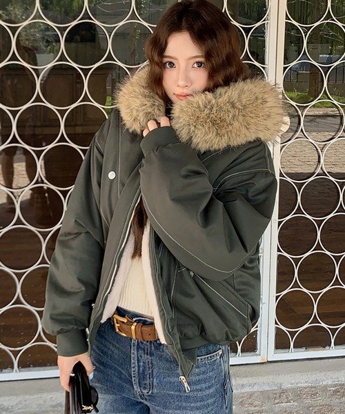 ブルゾン アウター 裏ボアフード付きジップアップブルゾン レディース