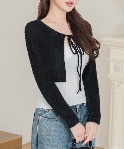 Anely カーディガン フロント リボン シャギー ショート ニット ボレロ
