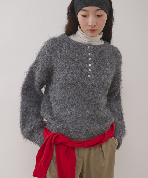 ニットチャコールMEG様 MUHET（ミュエータ） ニット セーター henley neck shaggy knit