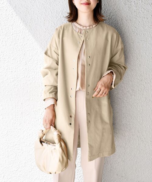 【美品】SHIPS ノーカラー スプリングコート グリーン SHIPS（シップス） ノーカラーコート コート 「手洗い可能 / 撥水加工