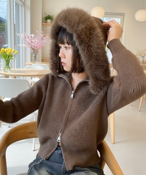 LACーVERT カーディガン ファーフーディーダブルジップニット