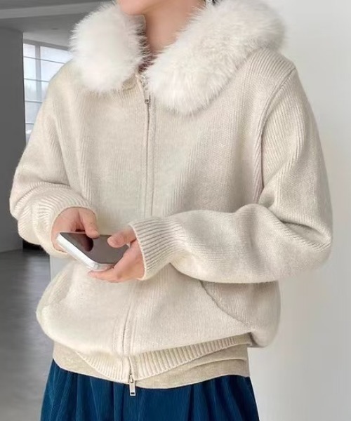 LACーVERT カーディガン ファーフーディーダブルジップニット