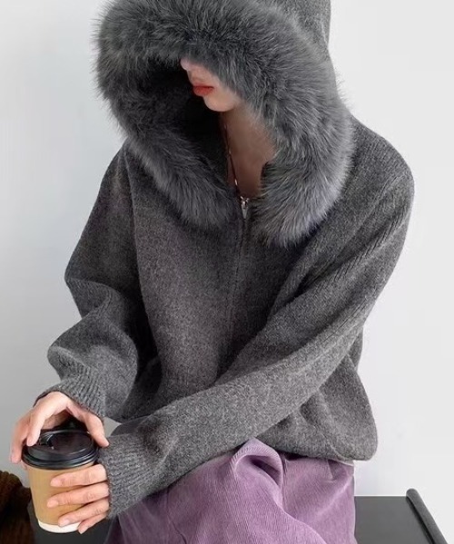 LACーVERT カーディガン ファーフーディーダブルジップニット