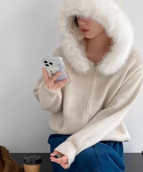 LACーVERT カーディガン ファーフーディーダブルジップニット