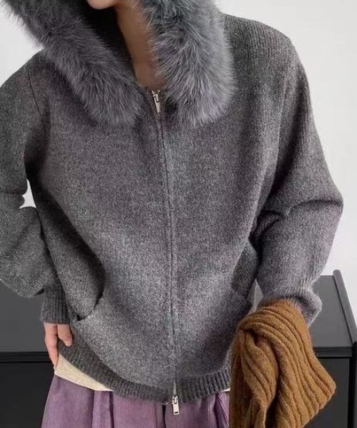 LACーVERT カーディガン ファーフーディーダブルジップニット