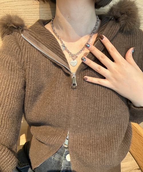 LACーVERT カーディガン ファーフーディーダブルジップニット