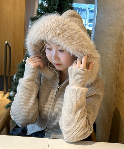 LACーVERT カーディガン ファーフーディーダブルジップニット