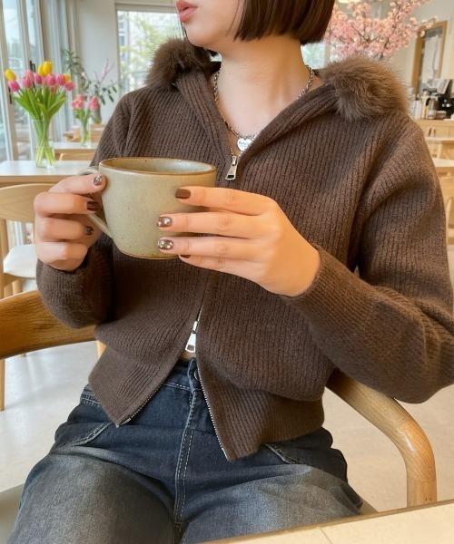 LACーVERT カーディガン ファーフーディーダブルジップニット