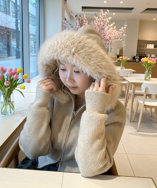 LACーVERT カーディガン ファーフーディーダブルジップニット