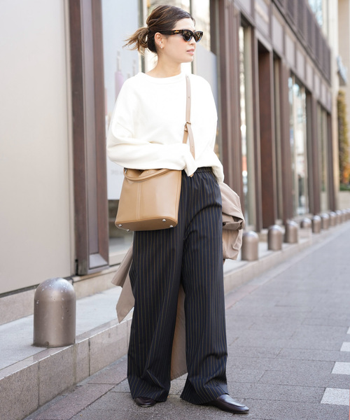 ワイドパンツ パンツ Effortless Wool ストライプパンツ レディースの画像