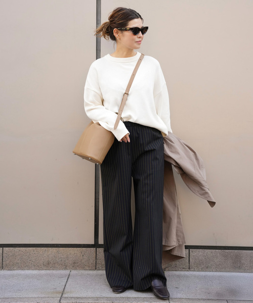 ワイドパンツ パンツ Effortless Wool ストライプパンツ レディースの画像
