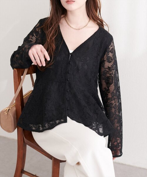 ADORE　ブラウス　レース　ペプラム　チュール　グログラン natural couture ブラウス シャツ メッシュレースペプラムブラウス