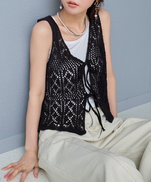 ベスト ジレ 夏 インナー付き フロントリボン 透かし編みニットベスト