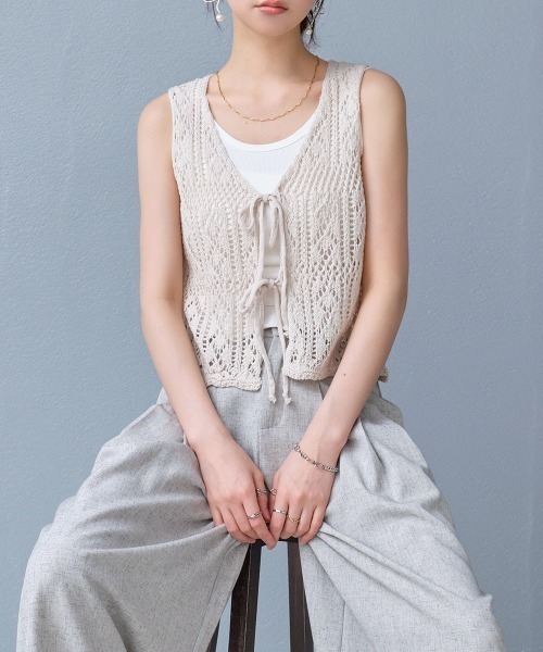 ベスト ジレ 夏 インナー付き フロントリボン 透かし編みニットベスト