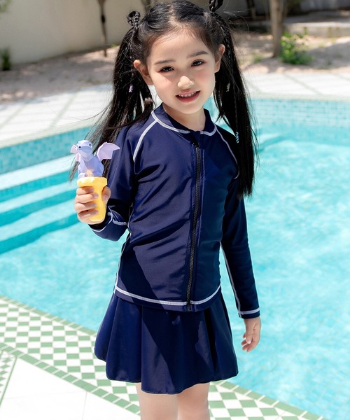 蝶プリント ビキニセット（長袖ラッシュガード付き） TeddyShop 水着 キッズスクール水着 長袖ライン柄ラッシュガード