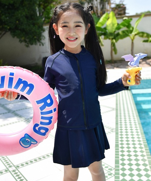 蝶プリント ビキニセット（長袖ラッシュガード付き） TeddyShop 水着 キッズスクール水着 長袖ライン柄ラッシュガード