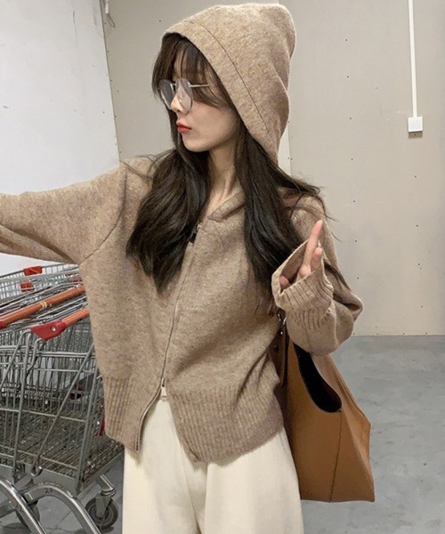 極美品 FOXEY カシミヤ ダブルジップパーカー ショート丈 ニット ブラウン HALEY PESCA パーカー HALEY PESCA/ダブルジップ ショート丈 ニット