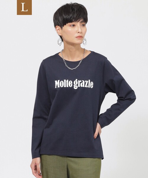 tシャツ 「L」「カタログ掲載品」「ウォッシャブル」シルケットコットンロゴプリントプルオーバーカットソー レディース
