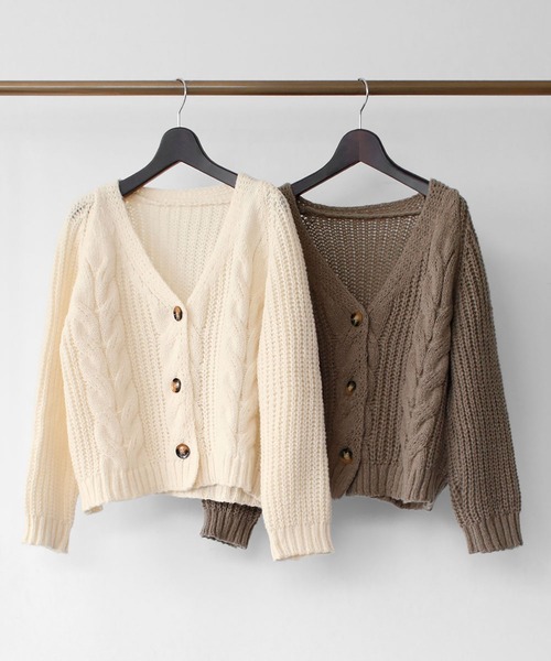 Ampirula カーディガン Vネックケーブルニットカーディガン レディース