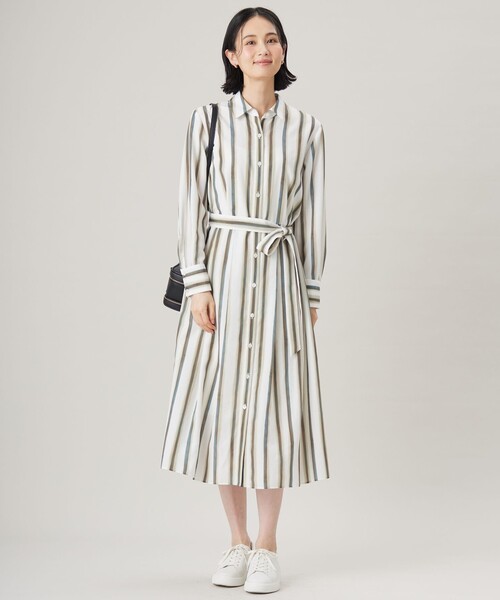 自由区 シャツワンピース 44 ☆新品☆ 自由区 シャツワンピース ストライププリント ワンピース