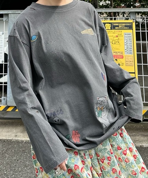 tシャツ 落書きいっぱいヴィンテージっぽロンT レディース