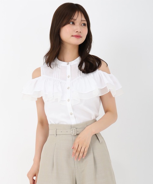 ブラウス シャツ 2026春夏新作 フリル肩開きシャツブラウス レディース Lace Ladies ブラウス シャツ 長袖立ち襟フリル無地ブラウス