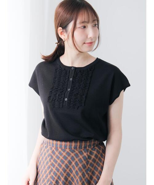$ TEECHI ブラック フリル Vネックセーター COFREX】 Vネックフリル 長袖 レディースフリルシャツ(S