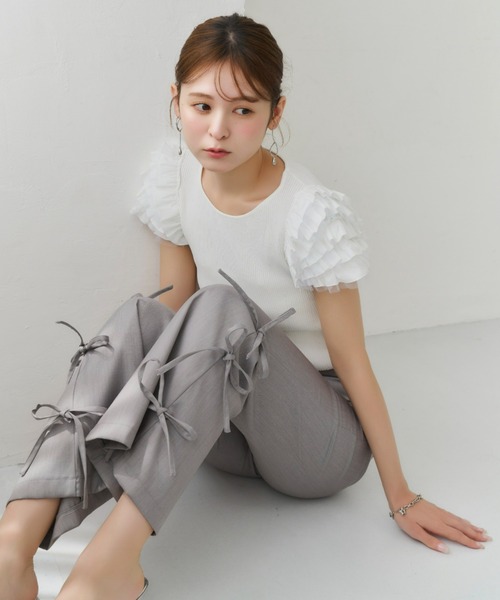 ダークグレー フレアパンツ サイドリボン付き Olu.（オルドット） パンツ サイドリボンフレアパンツ「セットアップ