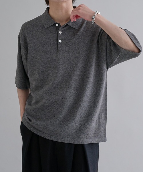 【グレー2】半袖 ニット ポロシャツ (MENS) AOYAMA 【洋服の青山】ニットポロシャツ 春夏 グレー ジグザグパターン