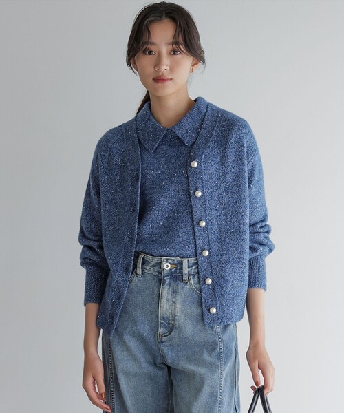 組曲 スパンコールヤーン カーディガン 組曲（KUMIKYOKU） カーディガン スパンコールヤーン カーディガン