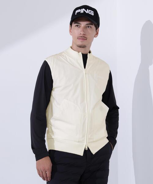 【ホワイト】プレーンニット/布帛 リバーシブルフルジップニットベスト <PERFORMANCE> (MENS) PING（ピン） ベスト ジレ 「PING APPAREL」プレーンニット/布帛