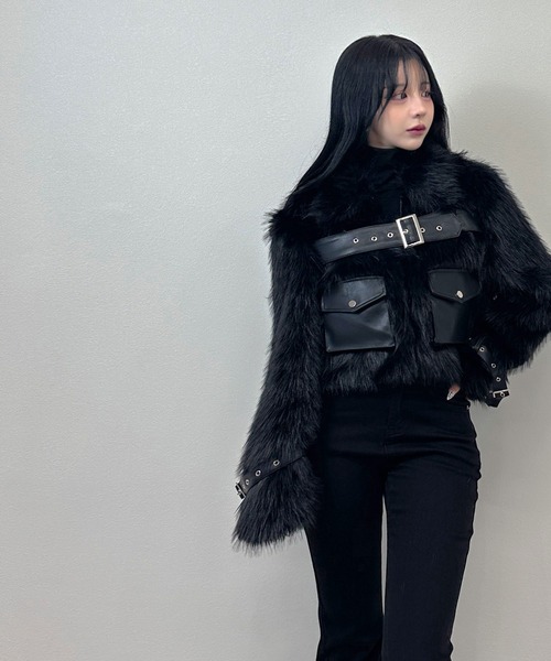 ファー&レザー 裏地地図柄 異素材ドッキング ノーカラージャケット 短丈ブルゾン AS KNOW AS（アズノゥアズ） ブルゾン アウター 取り外し可能 ファー衿