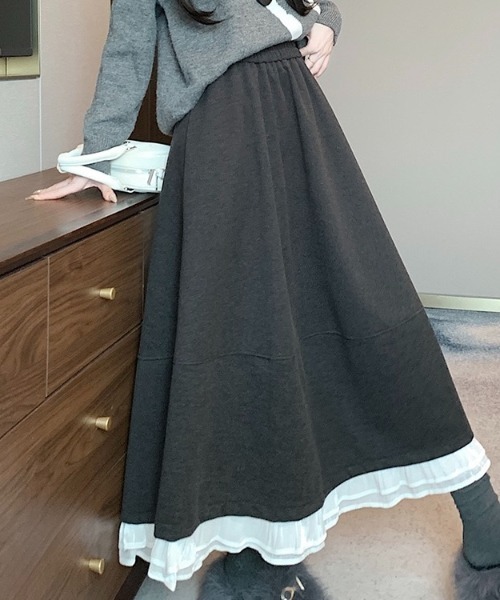 LADY LIKE（レディライク） スカート 異素材ミックス裾切替えウエスト