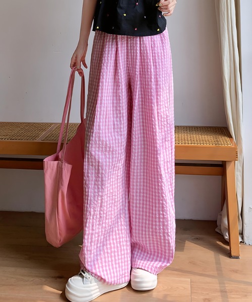 パンツ ギンガムチェック柄タックワイドパンツ レディース : ZOZOTOWN