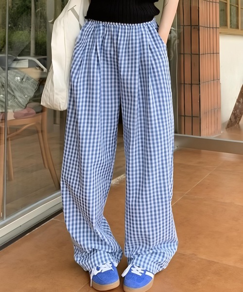パンツ ギンガムチェック柄タックワイドパンツ レディース : ZOZOTOWN