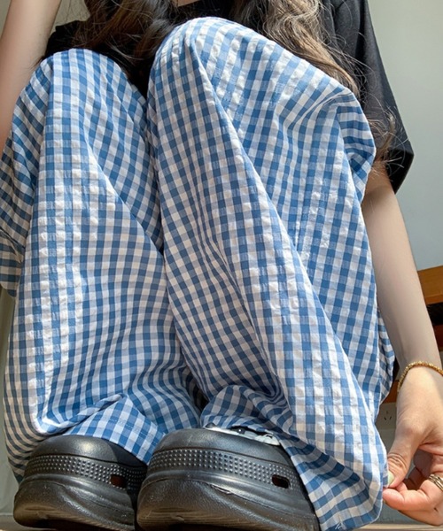 ワイドパンツ パンツ ギンガムチェック柄タックワイドパンツ