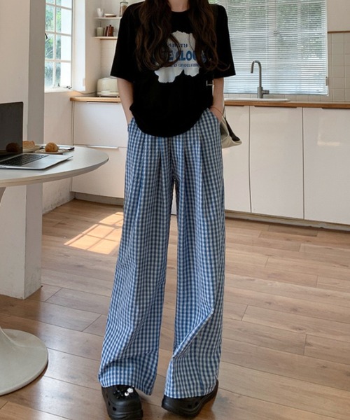 パンツ ギンガムチェック柄タックワイドパンツ レディース : ZOZOTOWN