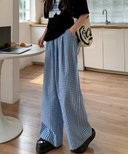 パンツ ギンガムチェック柄タックワイドパンツ レディース : ZOZOTOWN