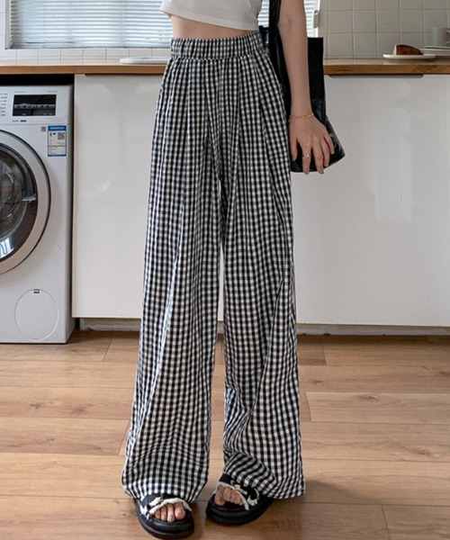 elu. Suzan tack ワイドパンツ ギンガムチェック エル yori ワイドパンツ パンツ ギンガムチェック柄タックワイドパンツ
