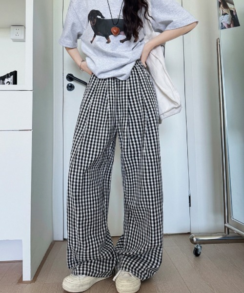 パンツ ギンガムチェック柄タックワイドパンツ レディース : ZOZOTOWN