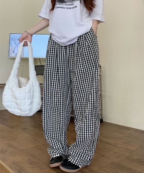Lepidos ギンガムチェック ワイドパンツ ワイドパンツ パンツ ギンガムチェック柄タックワイドパンツ