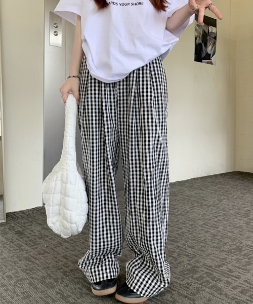 パンツ ギンガムチェック柄タックワイドパンツ レディース : ZOZOTOWN