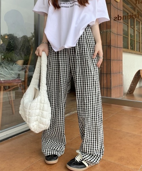 パンツ ギンガムチェック柄タックワイドパンツ レディース : ZOZOTOWN